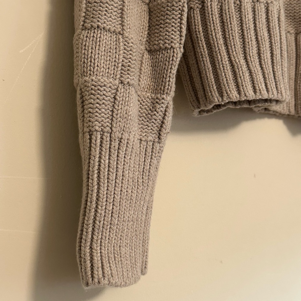 STAUD Checkerboard Knit Cardigan Sweater Size Small Cropped Taupe Wool Blend - Picture 2 of 6